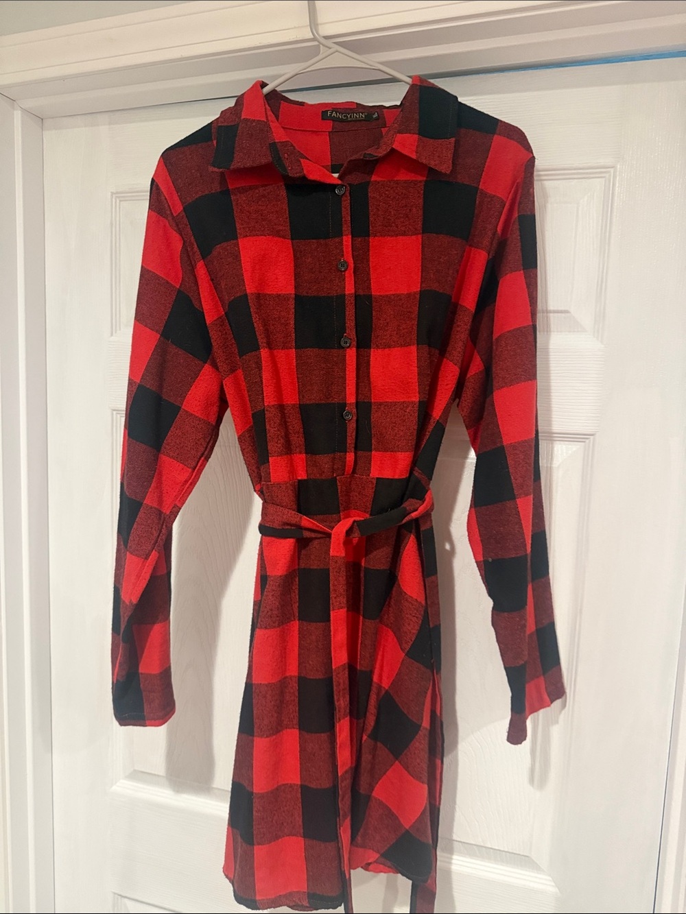 Fancyinn Red & Black Buffalo Plaid Button-Up Shirtdress with Belt